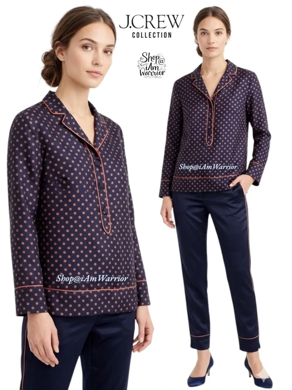 J.Crew Collection navy silk-twill polkadot pj style top *shop@iamwarrior